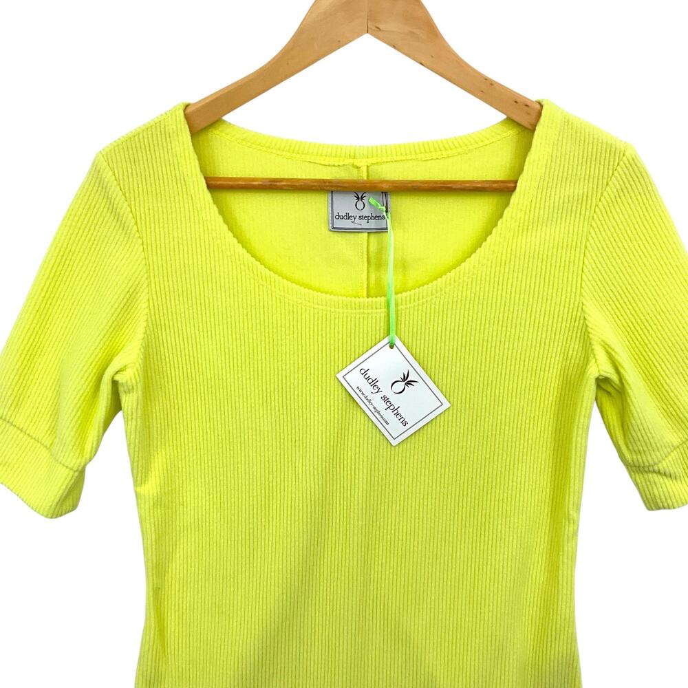 NWT Dudley Stephens College Shirt Womens XS Soft Yellow Ribbed Fleece Top Neon - Picture 2 of 15